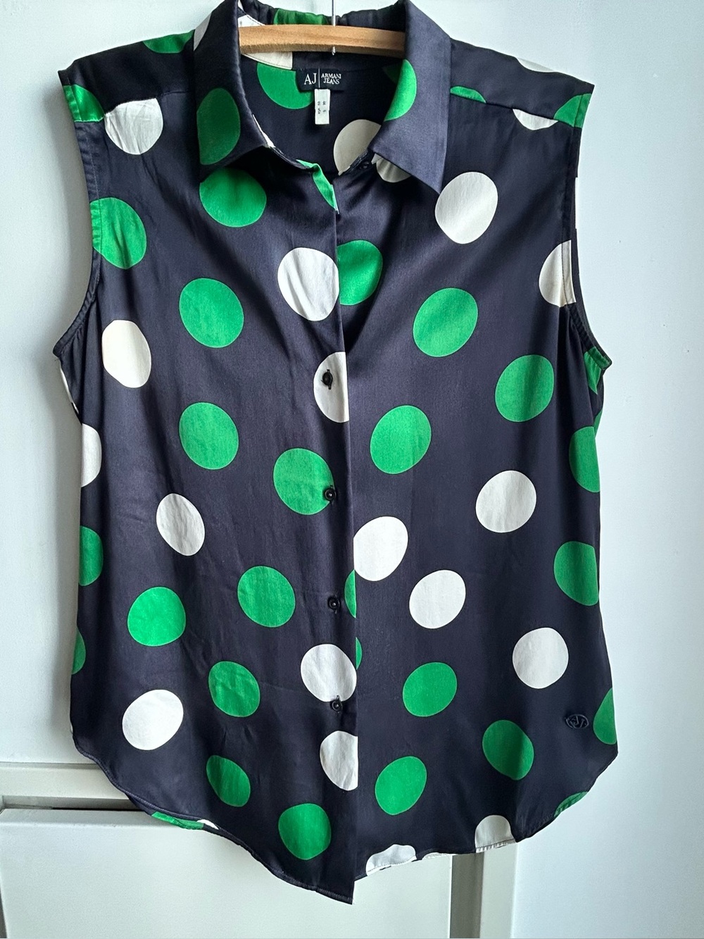 Armani Jeans Silk Green & White Polka Dot Sleeveless Button-Down Blouse, size 8